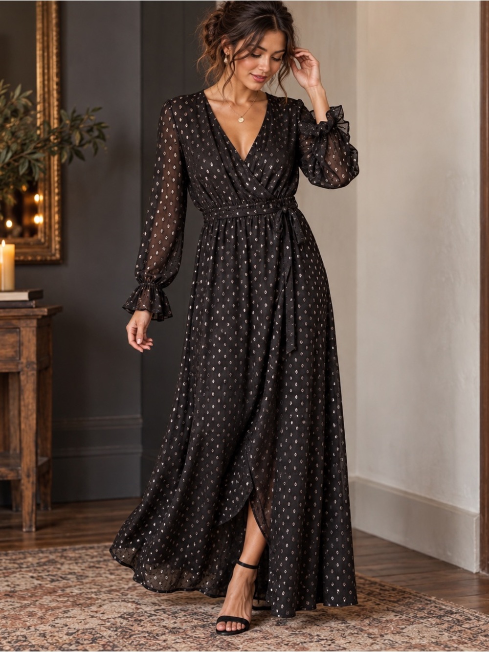 Chelsea28 Black Metallic Clip Dot Maxi Dress M Sheer Overlay Sleeve Wrap NWT